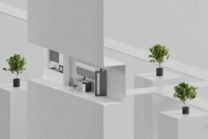 a group of three planters sitting on top of a white wall